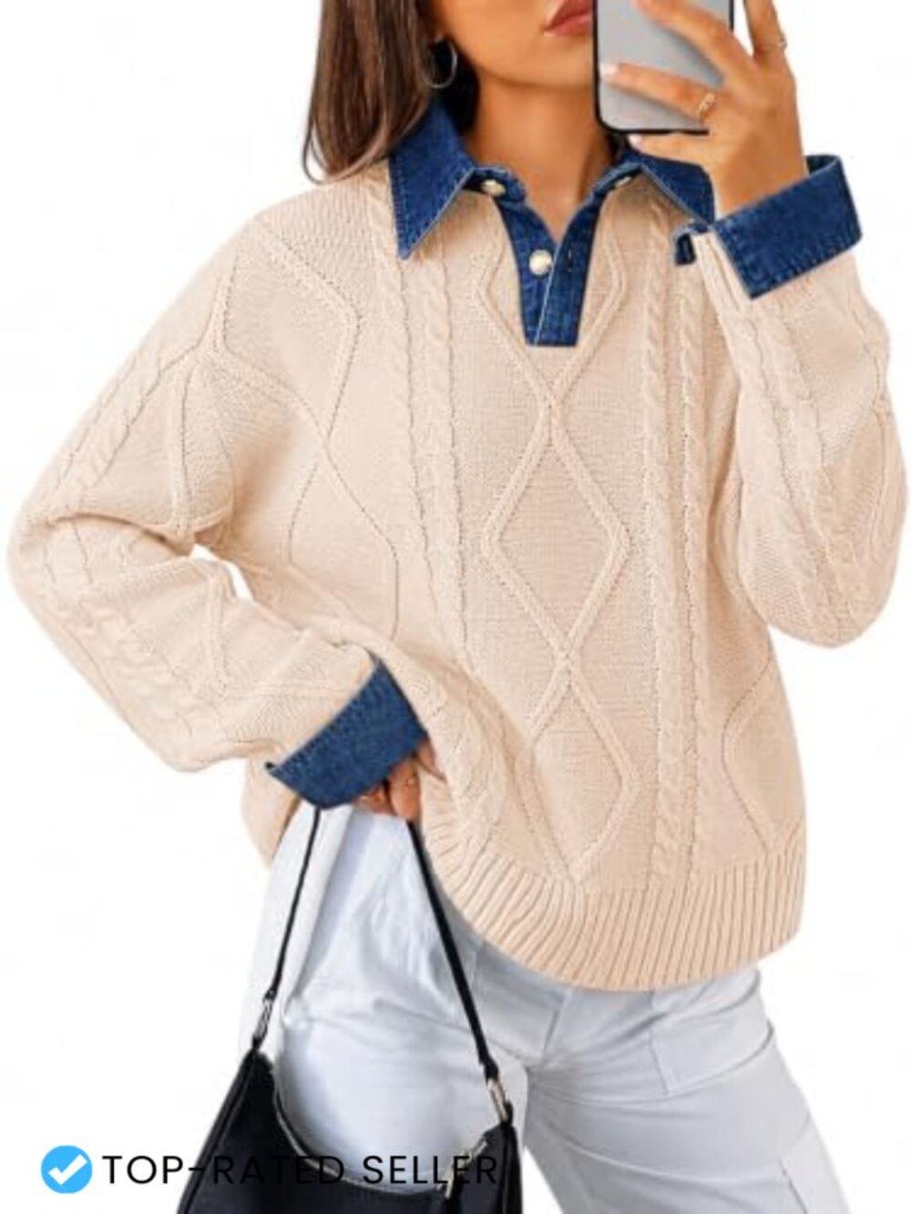 Cable Knit Sweater Denim Polo Pullover Button Down Collar Chunky Fall